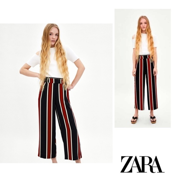 NWT Zara trf Collection Cropped Wide Leg Striped Pants with Button Waist Detail - Picture 3 of 15